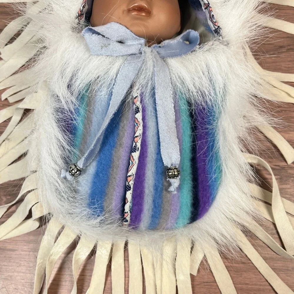 Native American Porcelain Baby Doll Papoose Blue Purple Faux‎ Fur Fringe Striped